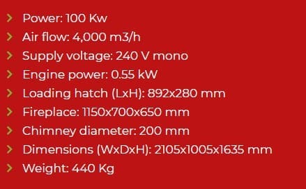 Workshop heater wood burner 100 kW technical data; workshop wood waste heaters; workshop wood burning heaters;
