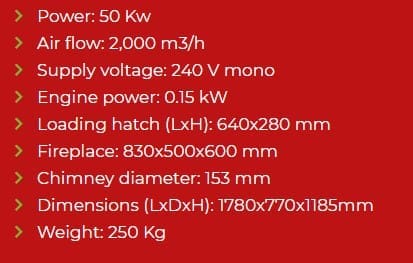 Workshop heater wood burner 50kW technical data; workshop wood waste heaters; workshop wood burning heaters;