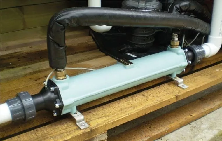 Swimming pool heat exchanger instal picture for use with gas swimming pool heating Flexiheat UK;heat pump;british thermal units