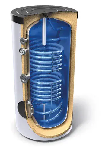 Indirect commercial cylinders showing the coil which is used to heat up the DHW via a boiler, heat pump or solar heating system which transfers the heat to the water heating system