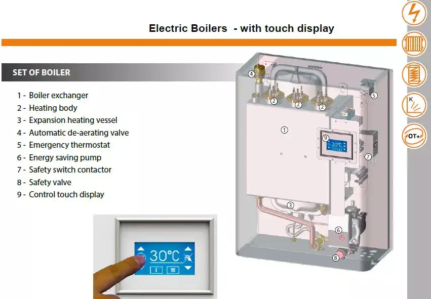electric heating boiler touch screen series showing the immersion heaters for water heating Flexiheat UK