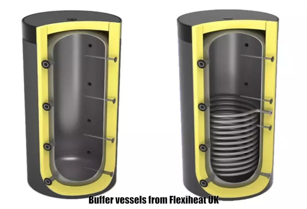 Buffer vessels which are a thermal store for storing heating hot water or domestic hot water or cooling water from biomass boilers or solar hot water systems or chillers from Flexiheat UK