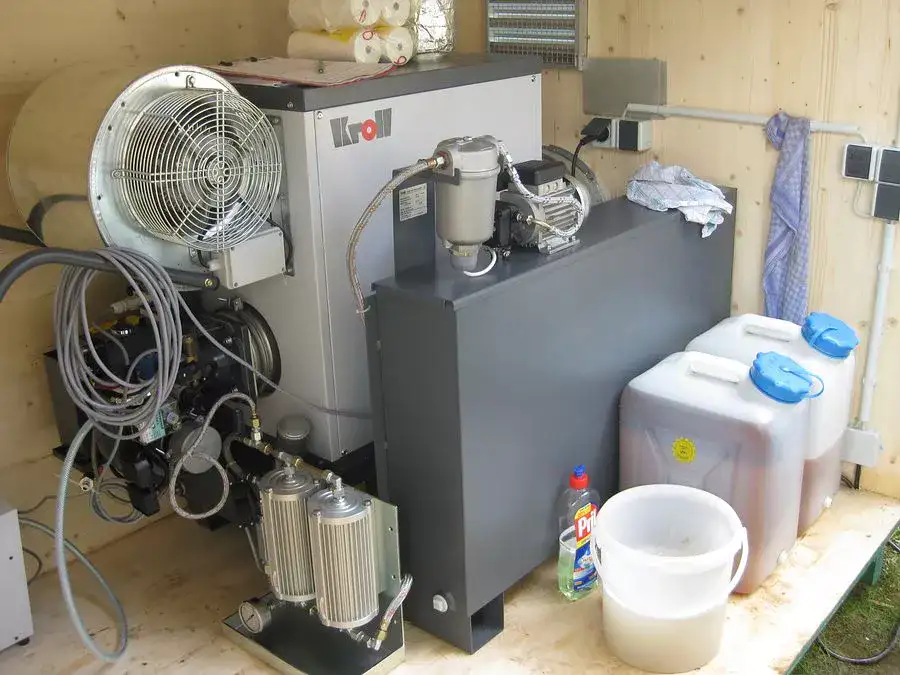 Mobile warm air heater fitted with an multi oil burner Flexiheat UK