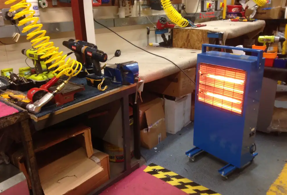 portable infrared heaters or mobile infrared heaters, which are a radiant heater with a quartz heater element powered by electric with safety features such as 110 Volt or 240 volt powered