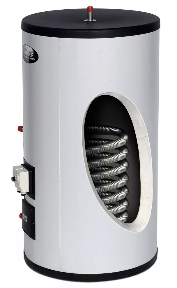 indirect unvented cylinders – a picture of the internals showing the heating coil which is stainless steel in which heating hot water flows in our indirect unvented cylinder – the domestic hot water resides in the hot water storage tank of the indirect cylinder fed directly from the mains water system.