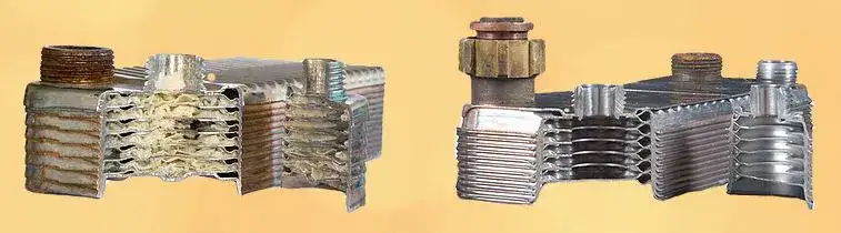 Blocked combi heat exchanger with scale and debris