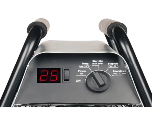 Industrial electric heaters control panel for industrial applications with adjustable thermostat and two heat settings.