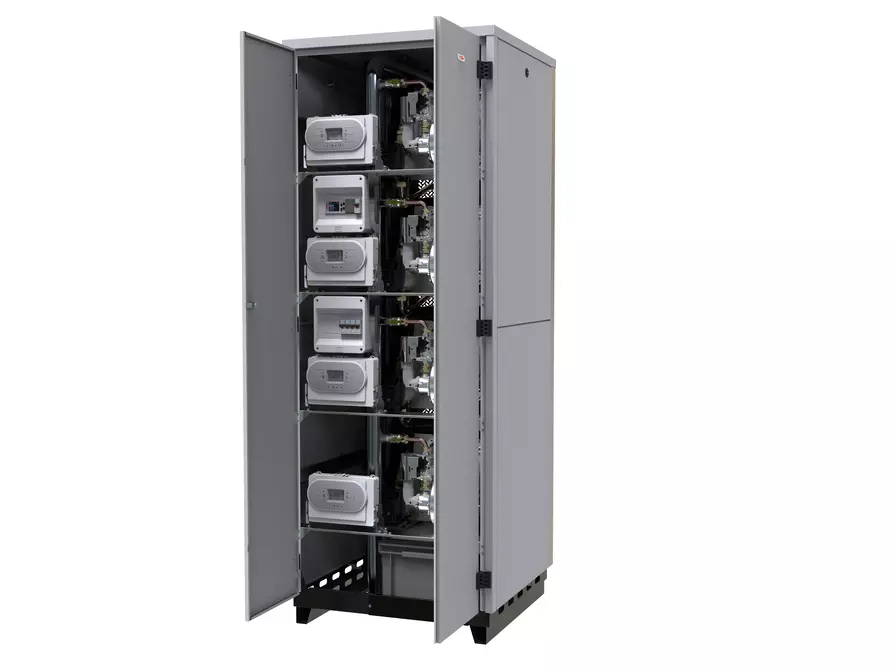 A picture of a floor standing commercial gas fired boiler – which is available in 180kW or 240kW output models with a modular construction of various stainless steel heat exchangers in cascade which ensures a great heat modulation ratio of 40:1 for the 280kW or 30:1 for the 180kW unit.