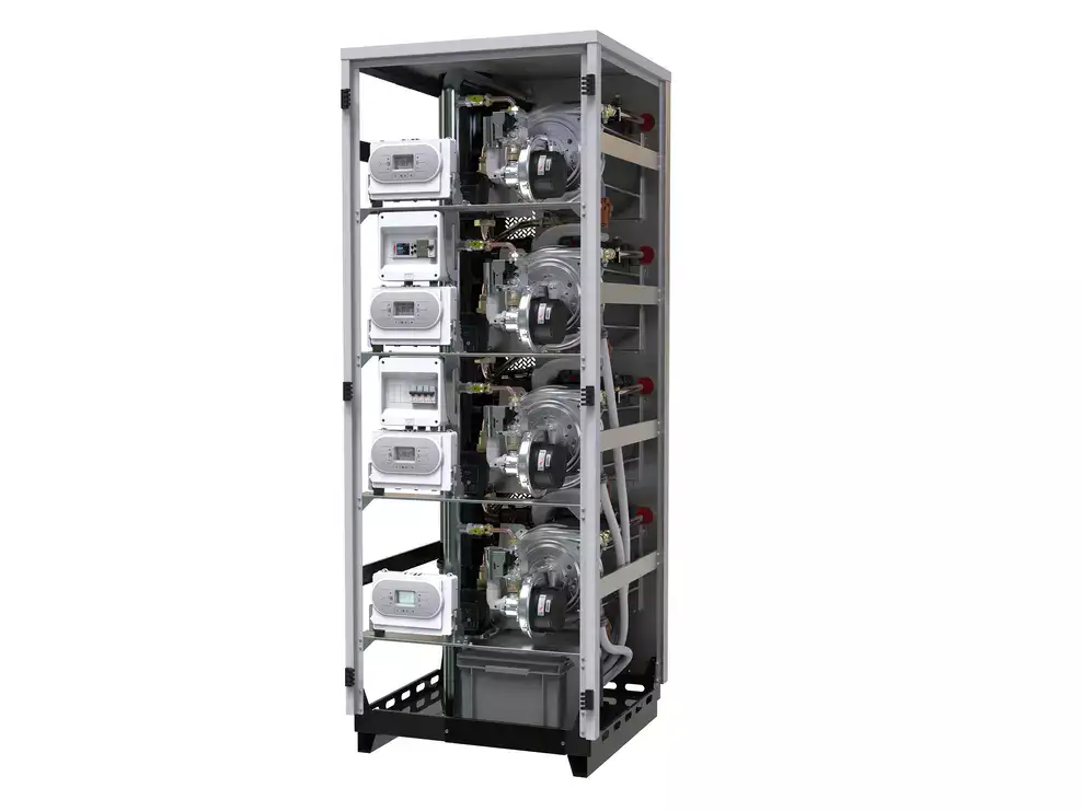 Internal picture of our commercial gas fired floor mounted modular boiler with four heat exchangers for great modulation range with low emissions for heating commercial applications.