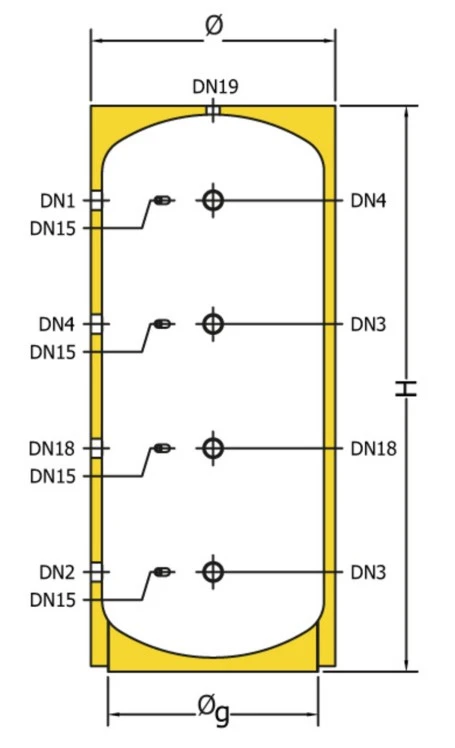 1000 Litre Buffer vessel port details for the buffer plus range from Flexiheat UK to store heating hot water from various energy sources for peak demand use in hot water systems.