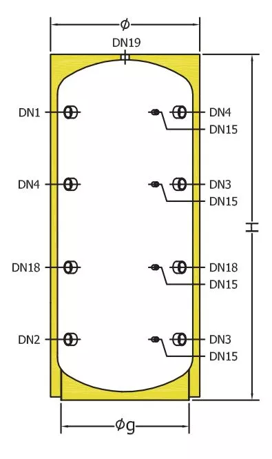 500 litre buffer tank or vessel drawing showing dimension and tapping detail Flexiheat UK