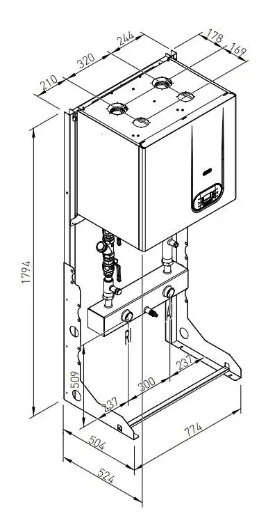 Gas fired 70kw output condensing boiler on a free standing floor frame kit with low loss header Flexiheat
