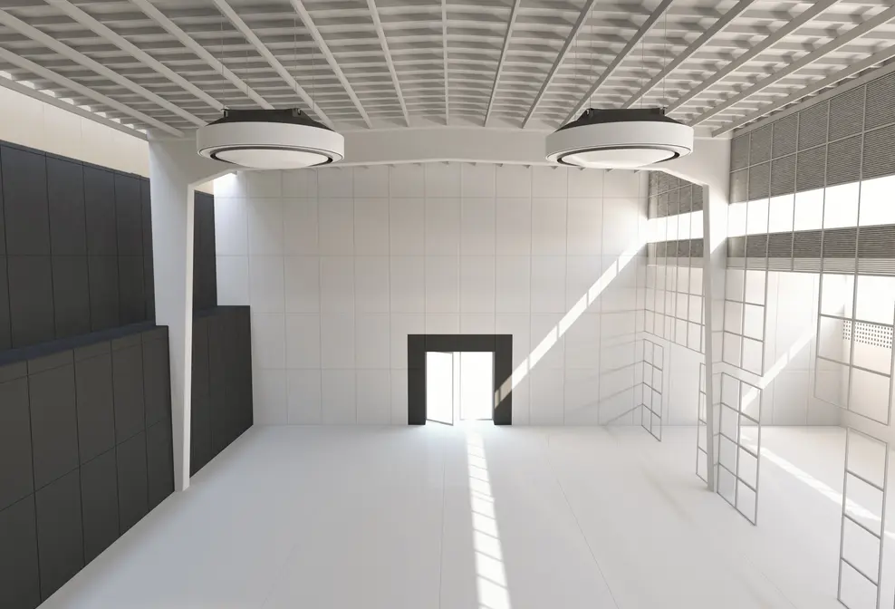 White colour heating and cooling ceiling mounted commercial heater install representation