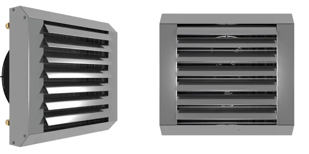 Stainless steel casing warm air unit heaters hot water fed from Flexiheat UK