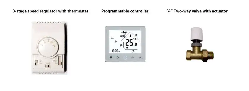 Three step fan speed controller with thermostat HMI programmer and control valve accessories for our unit heater range