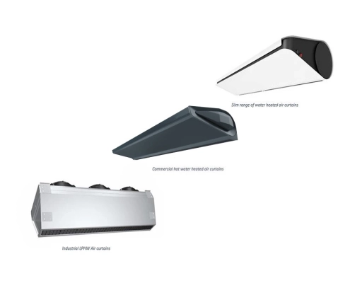 water heated air curtain; lphw air curtain; hydronic air curtains; hot water heated air curtains; heated air curtains for doors