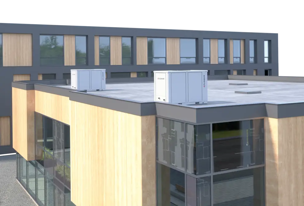 A picture of a commercial building with an air source heat pump system or technology.