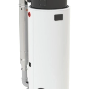A picture of a gas hot water tank or gas fired hot water cylinder from Flexiheat UK, which are used for water heating in large domestic, commercial, and industrial applications. These units are condensing gas water heaters.