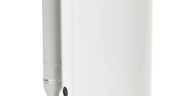 A picture of a gas hot water tank or gas fired hot water cylinder from Flexiheat UK, which are used for water heating in large domestic, commercial, and industrial applications. These units are condensing gas water heaters.
