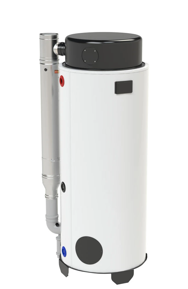 A picture of a gas hot water tank or gas fired hot water cylinder from Flexiheat UK, which are used for water heating in large domestic, commercial, and industrial applications. These units are condensing gas water heaters.