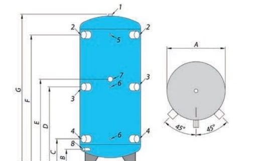 A diagram showing the connections of our 2000L buffer vessel for heating and chilled water with a maximum working pressure of 6 bar and 95C temperature from Flexiheat UK