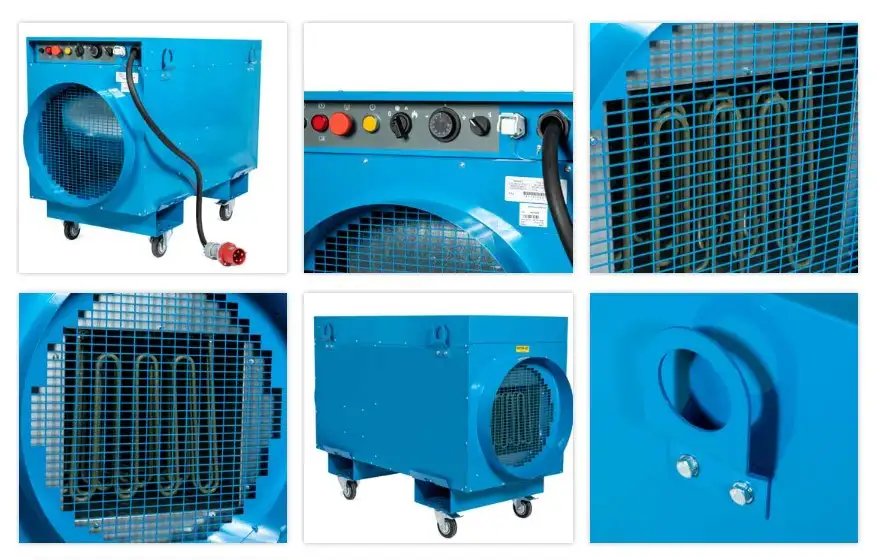 42kW output portable electric industrial warm air space heater with adjustable thermostat and variable heat output from Flexiheat UK