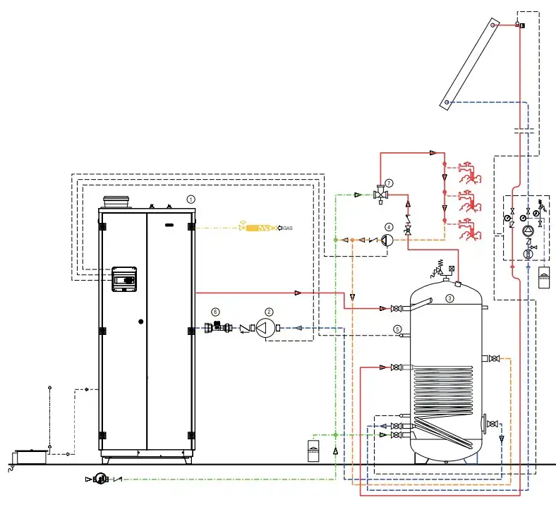 commercial hot water heater gas fired providing top up domestic hot water heating to a solar water heating system Flexiheat UK