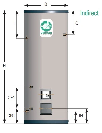 Dimension diagram of our Indirect hot water cylinders in stainless steel with internal expansion system from 80 Litres to 500 Litres from Flexiheat UK