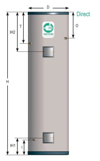 Dimensions drawing of our direct unvented cylinders in duplex stainless steel - 80 litre to 500 Litre - Flexiheat UK