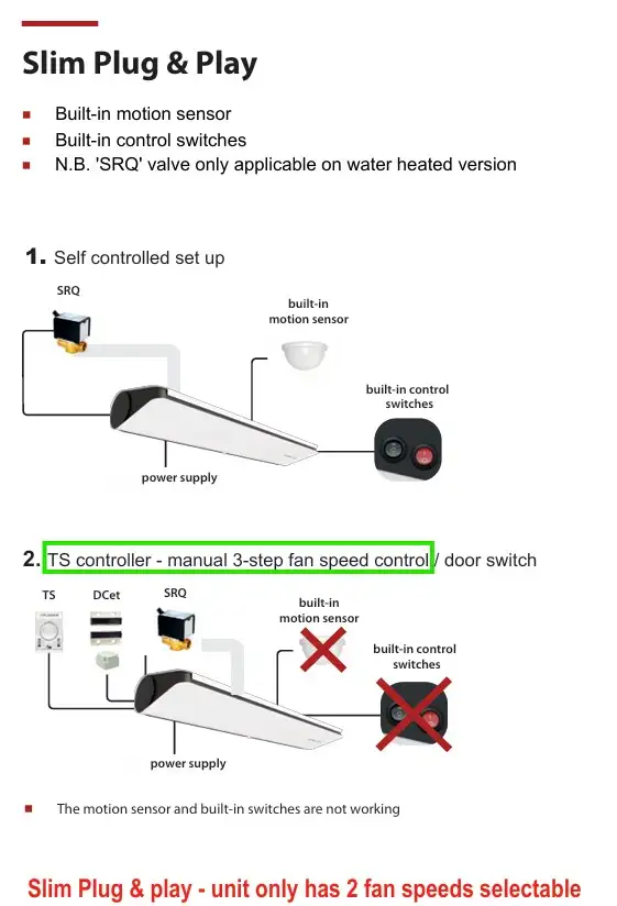 Basic control options for our slim range of air curtains plug and play options from Flexiheat UK
