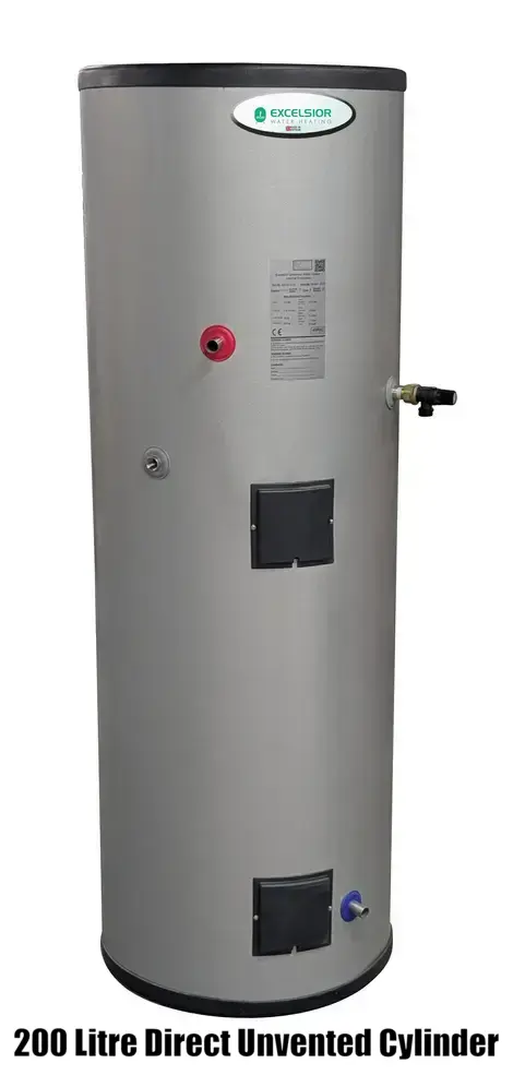 200 Litre direct unvented cylinder in highly corrosion resistant duplex stainless steel with 2 x 3kW immersion heaters as standard or the option of 3 x3kW immersion heaters for mains pressure hot water from Flexiheat UK