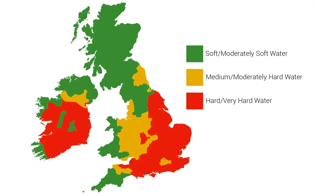 Water quality map showing hard water and soft water areas for the UK and Ireland