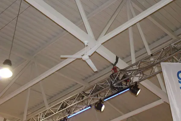 installation picture of a low velocity de stratification fans or ceiling sweep fans from flexiheat uk