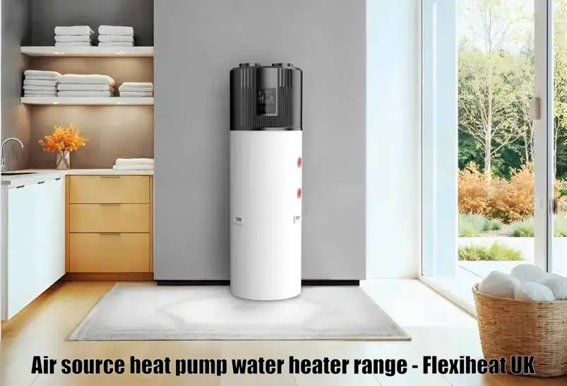 Air source heat pump water heaters from Flexiheat UK, these heat pump water heaters use R290 refrigerant to achieve a high efficiency COP of above 3 and are available in 100, 200 or 300 litre models