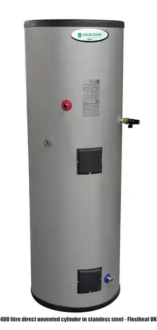 400 litre direct unvented cylinder in stainless steel, using 100% energy efficient immersion heaters to heat these hot water cylinders to provide water heating for bathroom and showers with a 25 year warranty for domestic use from Flexiheat UK
