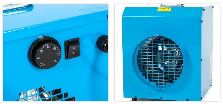 A picture of a 3kw commercial electric fan heater. This commercial grade 3kW electric heater that has an inbuilt thermostat, perfect for use as a frost protection heater and is available in 240 Volt or 110 Volt single phase from Flexiheat UK