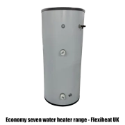Economy seven water heater range or economy seven hot water cylinders in stainless steel for unvented or vented domestic water heating from Flexiheat UK