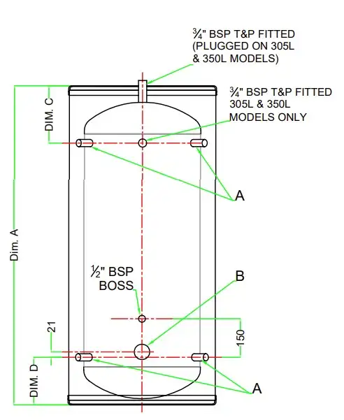 technical dimension details of our stainless water storage vessels or tanks from Flexiheat UK