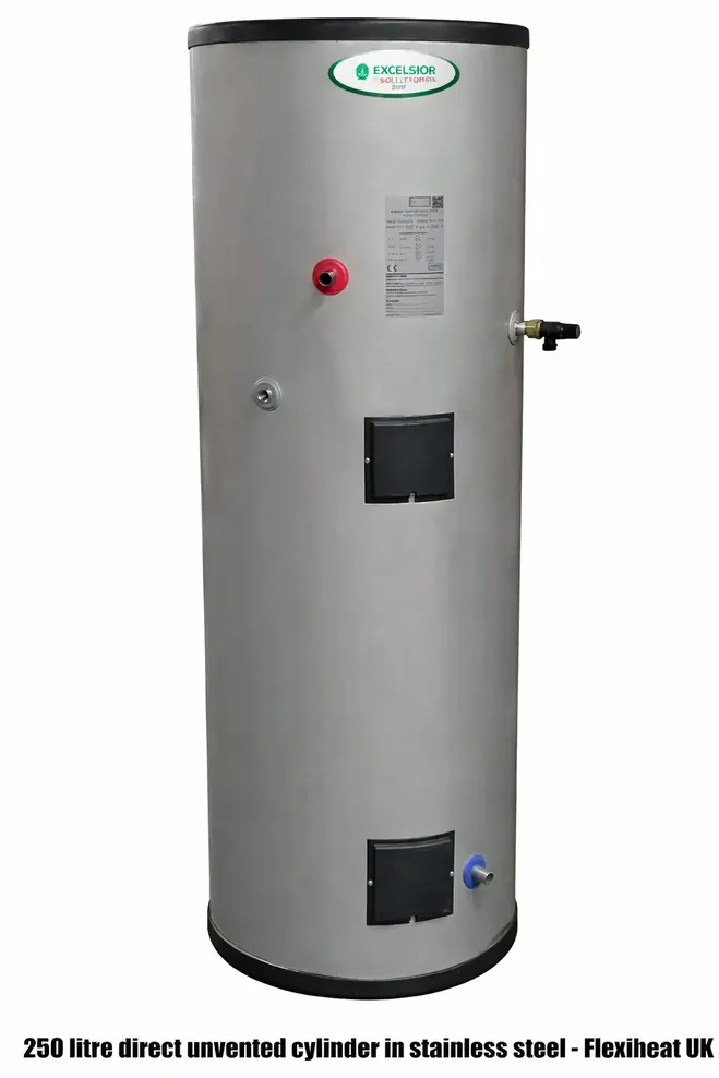 250 litre direct unvented cylinder in stainless steel, using 100% energy efficient immersion heaters to heat these hot water cylinders to provide water heating for bathroom and showers with a 25 year warranty for domestic use from Flexiheat UK