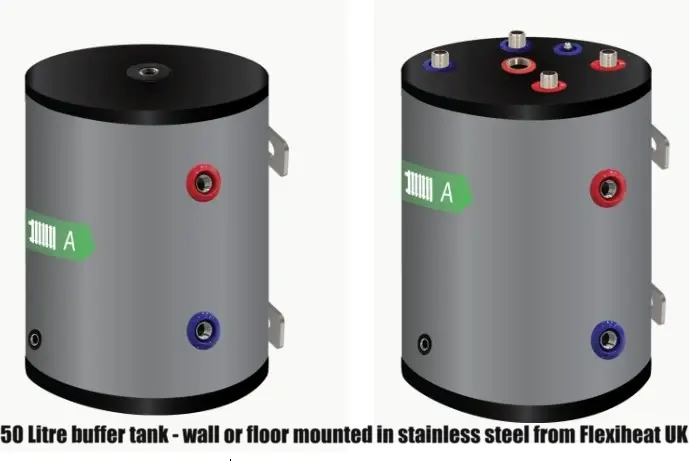 50 litre buffer tank wall or floor mounted in stainless steel from Flexiheat UK