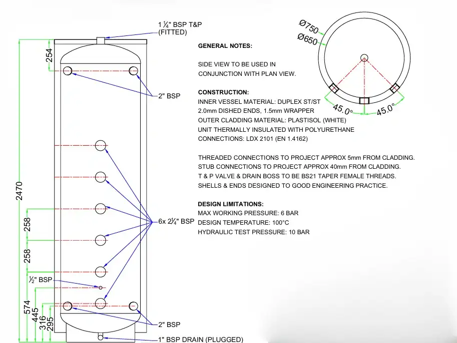 750 litre duplex stainless steel electric commercial water heater manufacturing drawing from Flexiheat UK