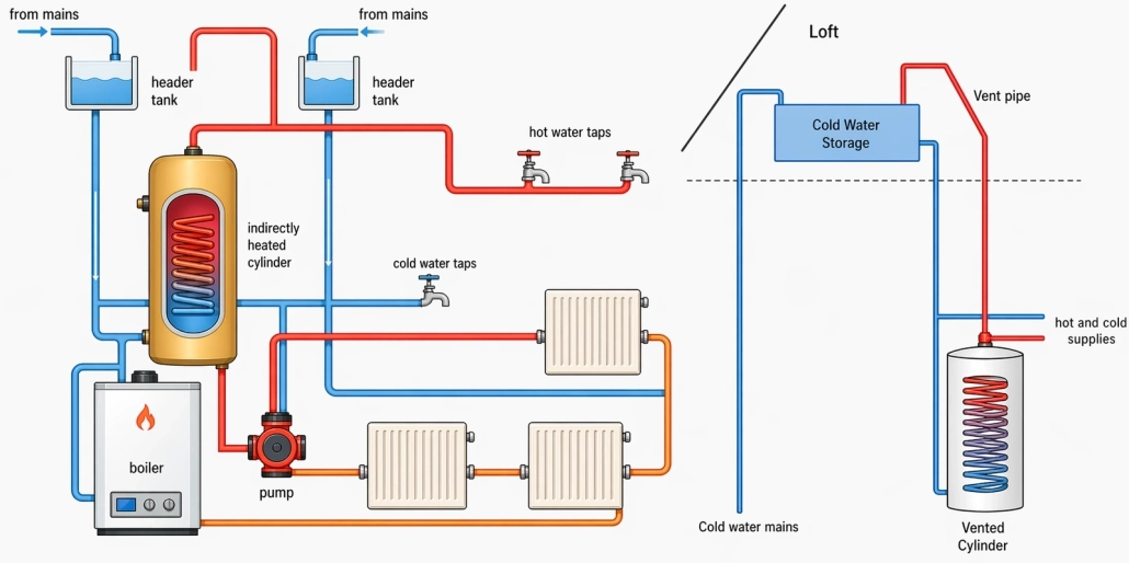 Indirect vented hot water cylinder diagram by Flexiheat UK
