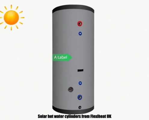Solar hot water cylinders or solar hot water tanks for use with solar thermal panels, with options of single or twin coil cylinder with boiler or immersion heater backup for renewable energy DHW heating from Flexiheat UK